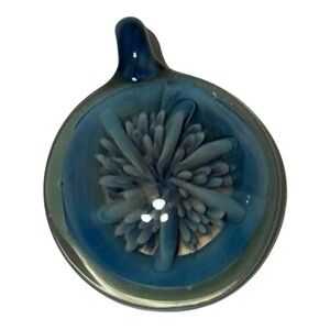 Vintage Hand Blown Art Glass Blue Flower Round Chunky Pendant Necklace Jewelry